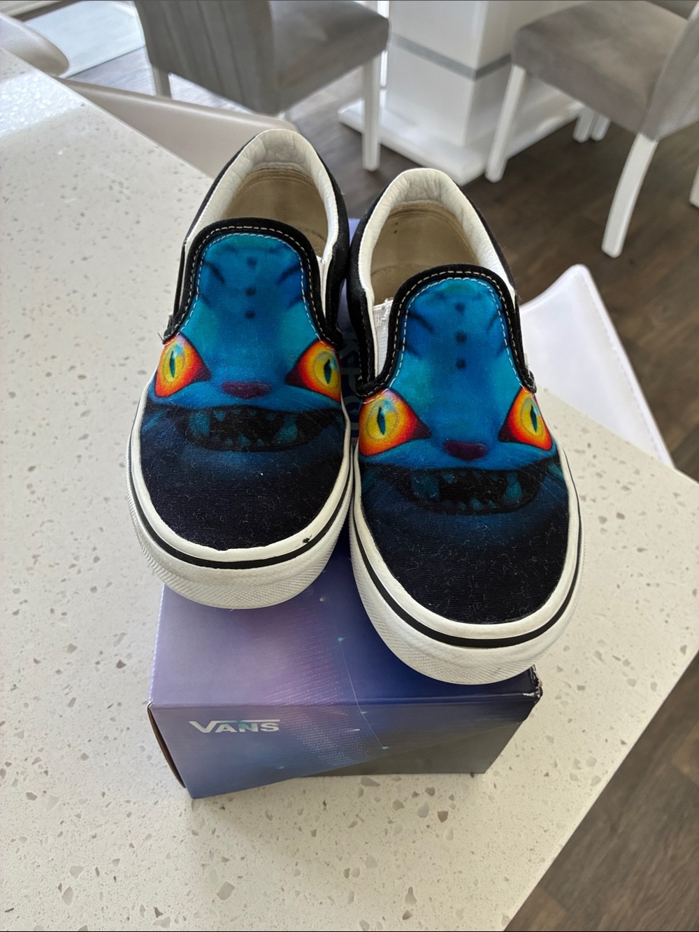Vans Kids Slip-On Sneakers with Blue Monster Face and Orange Eyes